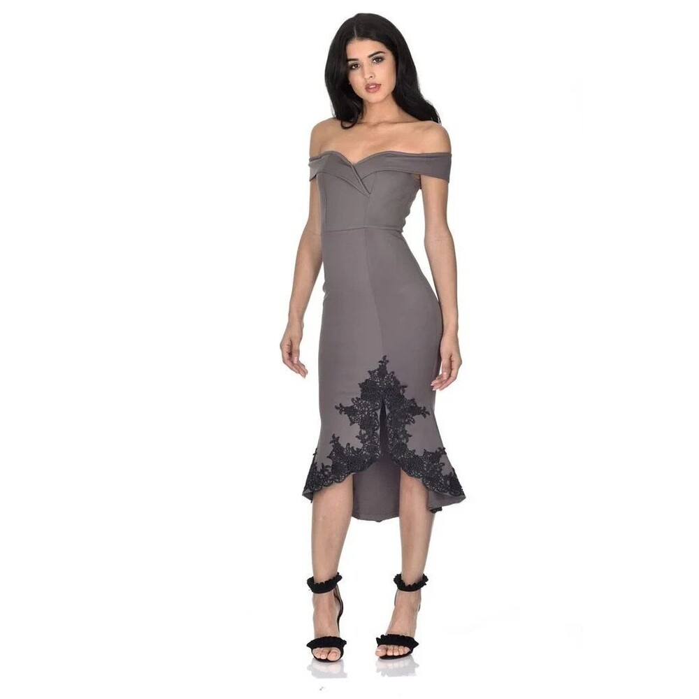 AX Paris Dress Womens Size 8 Pewter Off The Shoulder Lace Hem Dress New Cocktail